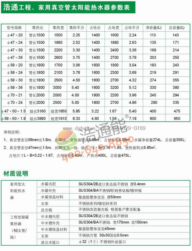浩通家用真空管太阳能热水器参数