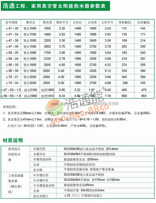浩通工程用真空管太阳能热水器参数