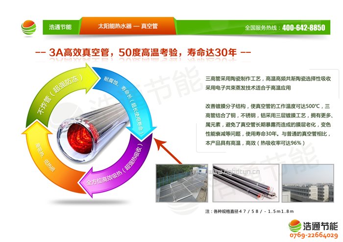 浩通工厂用太阳能热水器蓝天系列产品真空管图解