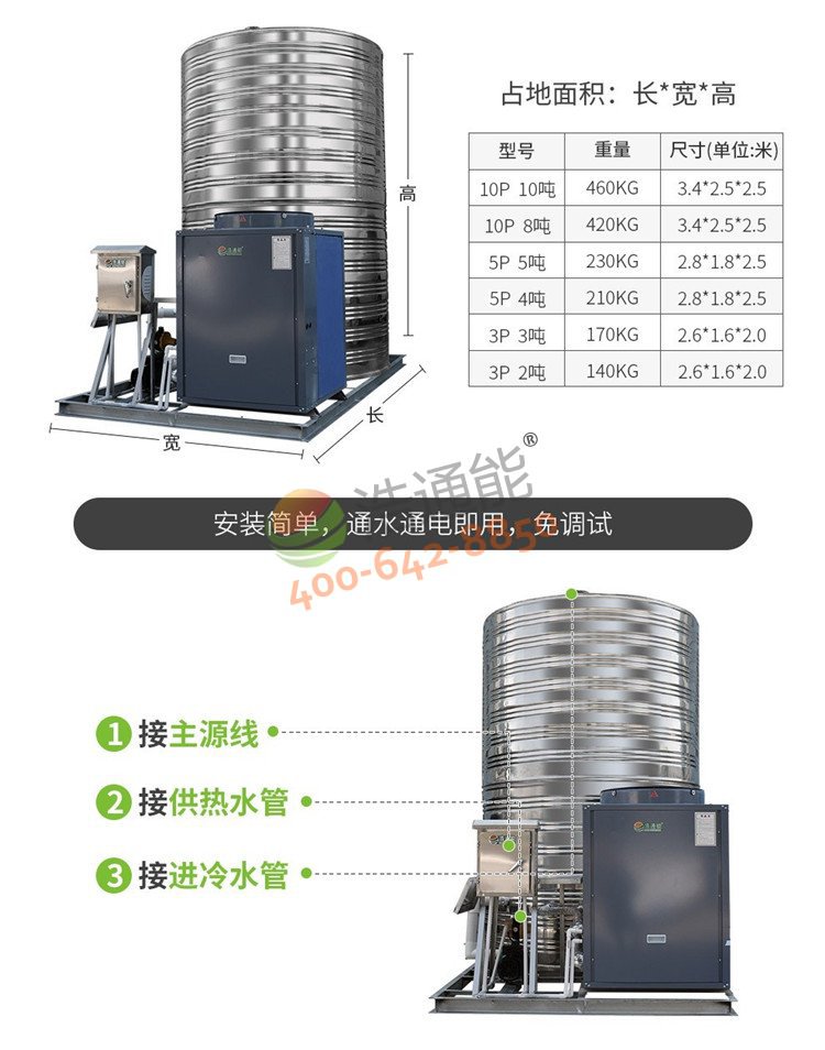 浩通能商用空气能热水器一体机(烈焰式)5匹5吨/4吨安装对接图